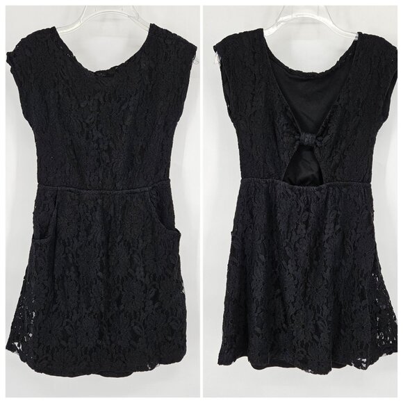 Mini Short Dress Small Black Floral Lace Open Back Pockets Boho Party Country - Picture 1 of 11
